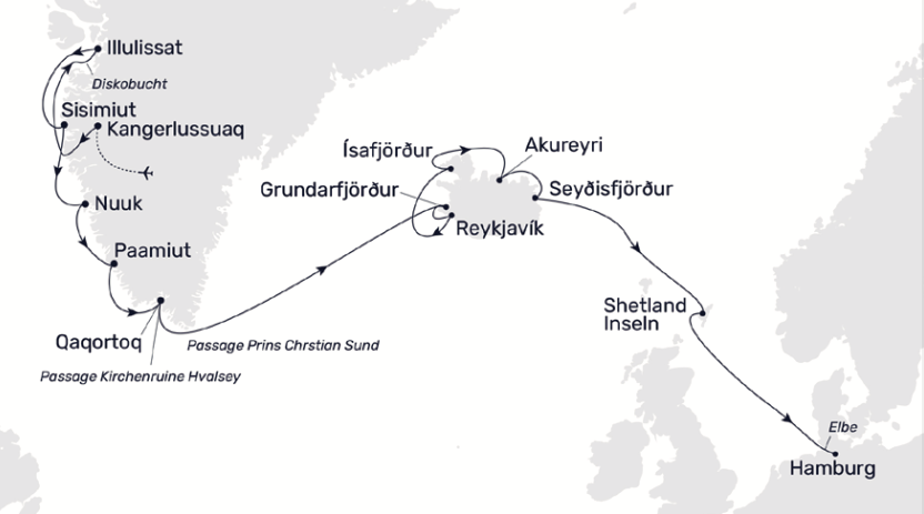 MSC Hamburg Grönland Routenkarte